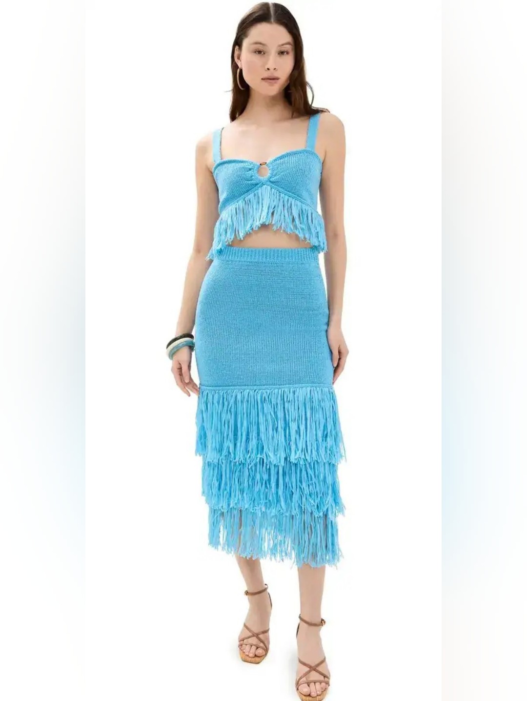 Saylor Two Piece Knit Fringe, Maxi And Crop Top Set Xs S Nwt